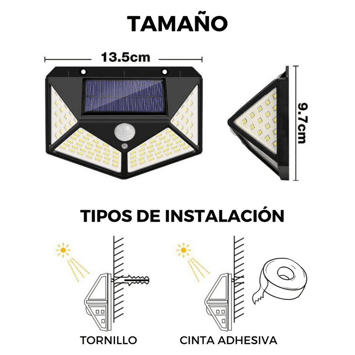 PACK DE 2 FOCOS SOLARES 100 LEDS CON SENSOR DE MOVIMIENTO