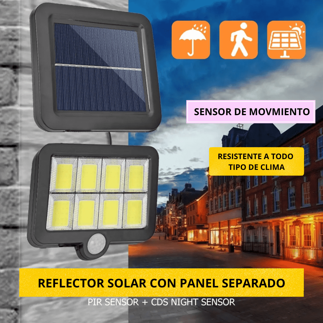 REFLECTOR SOLAR CON PANEL SEPARADO, SENSOR DE MOVIMIENTO Y CONTROL REMOTO